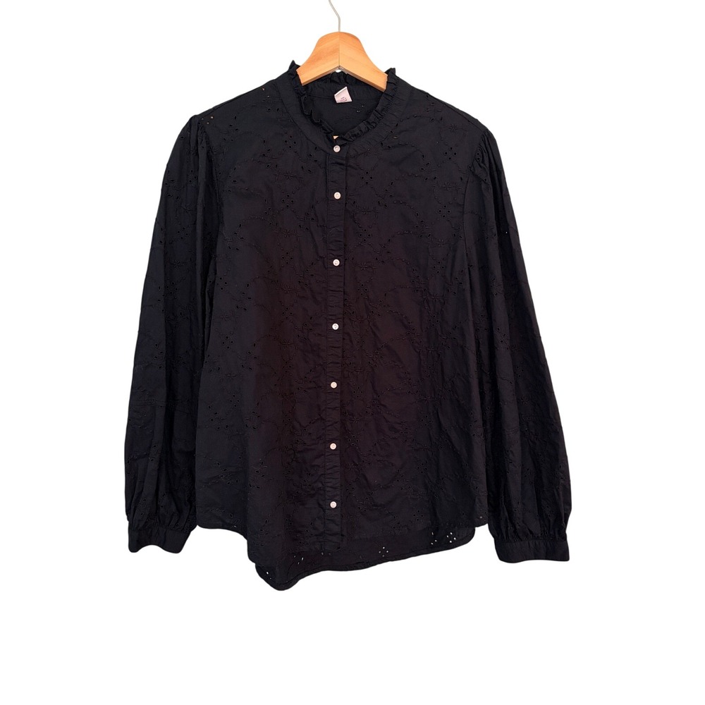 Old Navy Blouse Large Black Eyelet Ruffle Neck Long Sleeve Boho Cottagecore